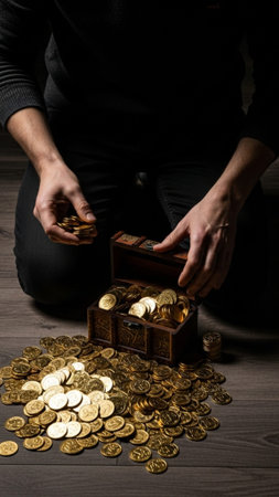 A vertical, full-body shot of an individual kneeling on a wooden floor, meticulously counting a largの素材