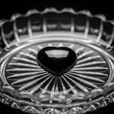 A highly intimate, macro photograph capturing a single, glossy, black heart-shaped stone balanced prの素材