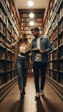 A vertical (9:16) full body photograph of an heterosexual couple browsing books together in the narrの素材
