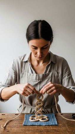 A vertical, full-body studio portrait of an artisan concentrating on tying a decorative jute knot onの素材