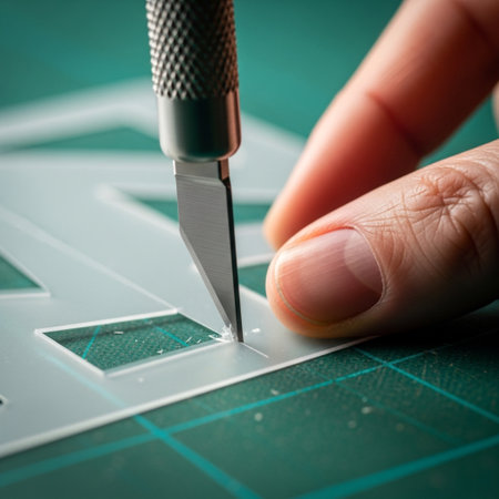 A tightly framed, centered close-up focusing entirely on the moment of precise cutting. A silver hobの素材