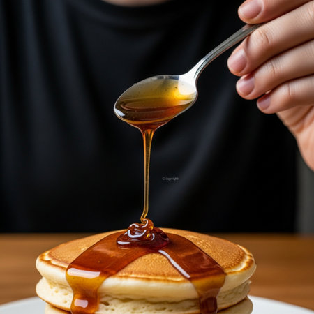 A tightly framed, square composition focusing on the moment of impact as viscous, golden-brown caramの素材