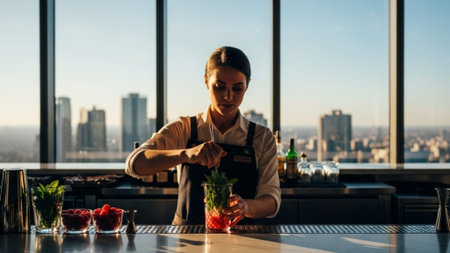 A panoramic, cinematic wide shot capturing the focused action of a female bartender preparing a compの素材