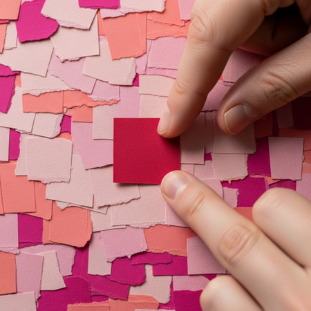 A detailed, top-down close-up focusing on the hands of an artist carefully placing a small, deep redの素材