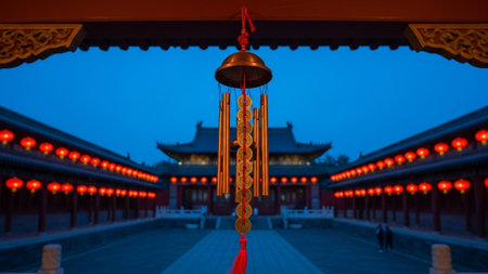An ultrawide 16:9 cinematic environmental photograph capturing a traditional decorative wind chime,の素材