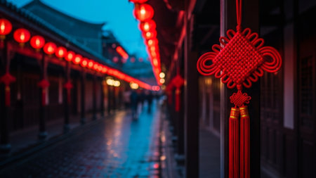 An environmental, panoramic wide shot (16:9) capturing a beautifully crafted red and gold Chinese deの素材