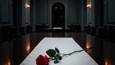 A cinematic ultrawide (16:9) photograph capturing a grand, empty private dining room. The focus is oの素材