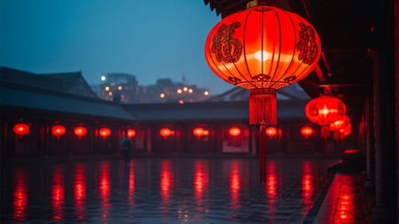 A panoramic, cinematic 16:9 ultra-wide shot capturing the festive ambiance of a traditional East Asiの素材