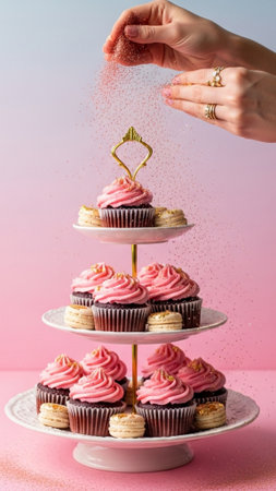 A vertical, full-frame photographic study of a three-tiered cake stand filled with Valentine's Day pの素材
