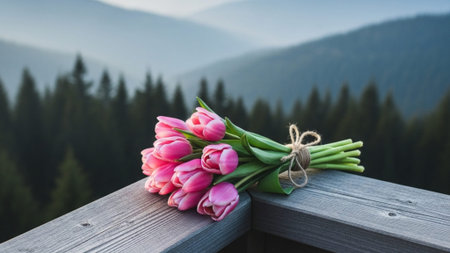 A cinematic, ultrawide (16:9) environmental shot capturing a small, pink tulip bouquet tied with natの素材