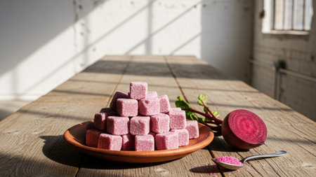 Cinematic wide shot (16:9) of a still life featuring pink, beet-juice-tinted raw sugar cubes on a teの素材