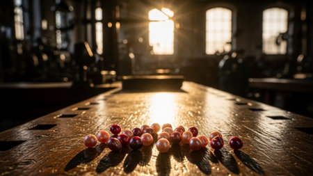 A cinematic wide environment shot (16:9) showing delicate pink and red pearls scattered on a dark, pの素材