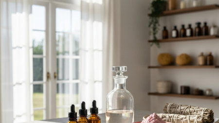 An ultrawide (16:9) cinematic photograph capturing a serene, sun-drenched wellness environment. Theの素材