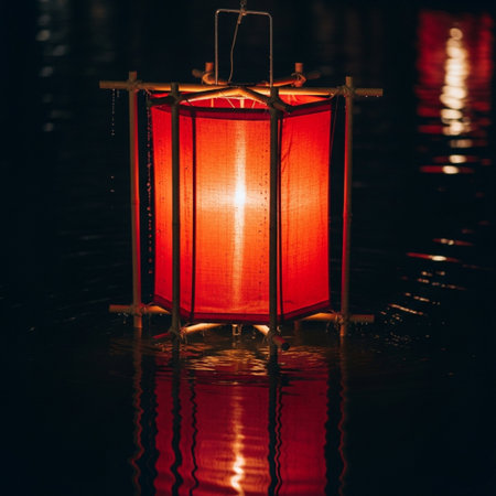 A hero detail shot focusing on the texture and illumination of a single red silk lantern, wet from mの素材