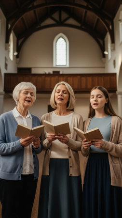 Full body vertical stock photo of three generations of women (grandmother, mother, daughter) standinの素材
