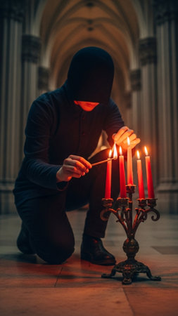 A striking full body shot in a 9:16 vertical orientation. A person is centered in a tall, dark interの素材