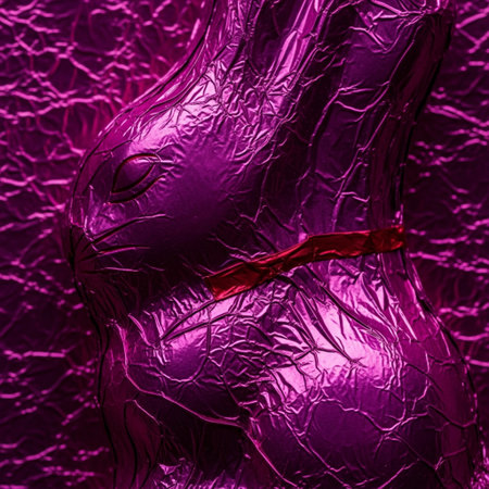 Extreme close-up macro shot of a heavily crinkled metallic magenta aluminum foil wrapper, focusing iの素材