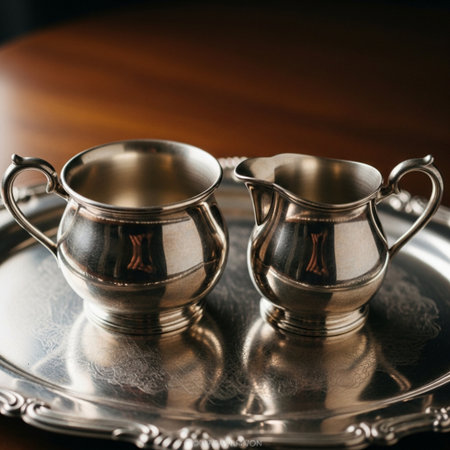 An extreme close-up, tightly framed square view, centered on the opulent details of a vintage silverの素材