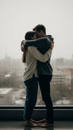 A 9:16 full body portrait of a couple sharing an intimate, protective hug. The scene is viewed fromの素材