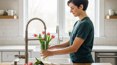 A cinematic environmental wide shot (16:9) capturing a person standing in a sunlit, minimalist kitchの素材