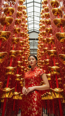A vertical (9:16) full-body portrait focusing on a young woman in traditional LNY attire standing beの素材