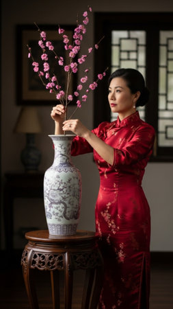 A vertical, full-body stock image capturing an elegant woman standing in a traditional Chinese interの素材