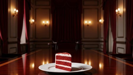 An ultra-wide (16:9) cinematic view of a solitary red velvet cake slice resting on a white plate onの素材