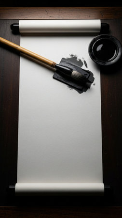 A striking vertical 9:16 composition featuring a full setup of calligraphy essentials. A large, blanの素材