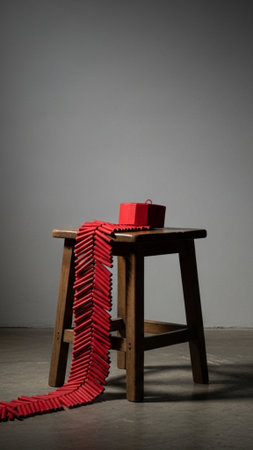 A vertical, tall 9:16 shot of a coiled string of unlit red firecrackers resting on an aged wooden stの素材