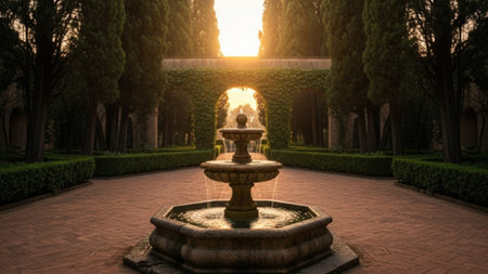 A panoramic, ultrawide cinematic photograph of a classical, tranquil Italianate garden courtyard. Thの素材