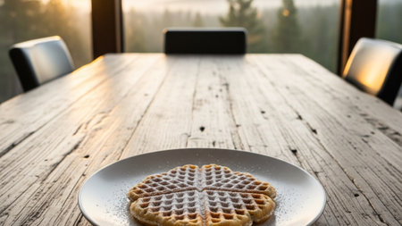 Cinematic wide shot (16:9) capturing a heart-shaped waffle as the centerpiece of a luxurious, rusticの素材