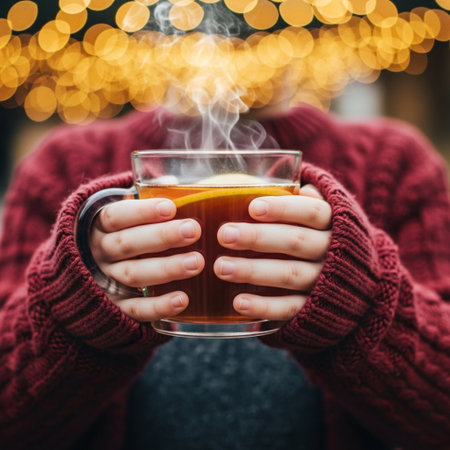 A square-format hero detail photograph capturing the intimacy and tactile warmth of a winter activitの素材