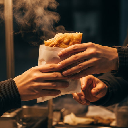 A focused, square-format close-up capturing the intense moment of a street food transaction. The imaの素材