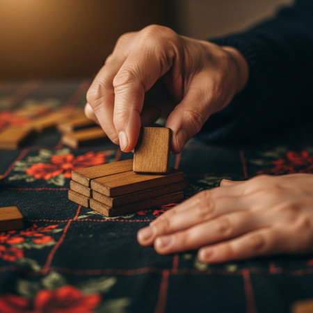 A focused, cinematic 1:1 close-up capturing the generational contrast between an elderly hand placinの素材