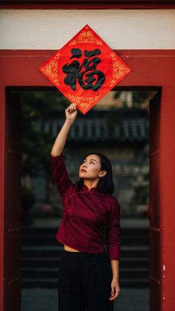 A striking vertical, full-body photograph captured during golden hour. A centered young woman is affの素材