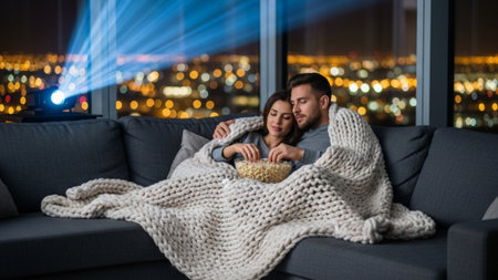 Cinematic wide shot of a young, diverse couple watching a movie in a luxurious, modern high-rise apaの素材
