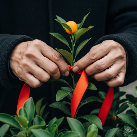 A square, centered close-up focusing solely on a street vendor's hands as they tie a vivid red satinの素材
