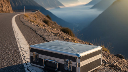 A cinematic ultrawide 16:9 photograph featuring a sturdy, closed, dark aluminum briefcase secured wiの素材