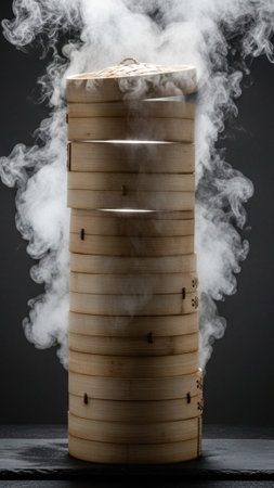 A highly vertical, cinematic study of a massive bamboo steamer stack, emphasizing towering height anの素材