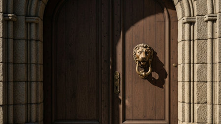 A cinematic wide shot (16:9) capturing a heavy, traditional wooden door knocker set on a massive oakの素材