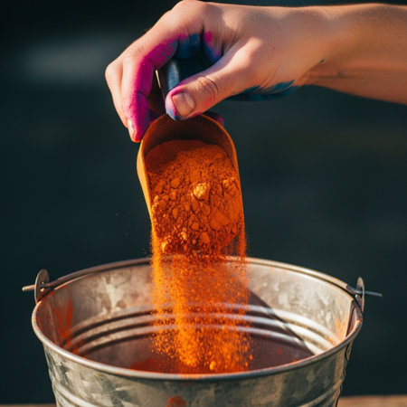 Extreme close-up focusing on the granular texture of dry, brightly colored powder (Gulal/Holi powderの素材