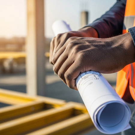 A tightly framed, centered, square close-up focusing only on the hands of a Black male engineer. Theの素材