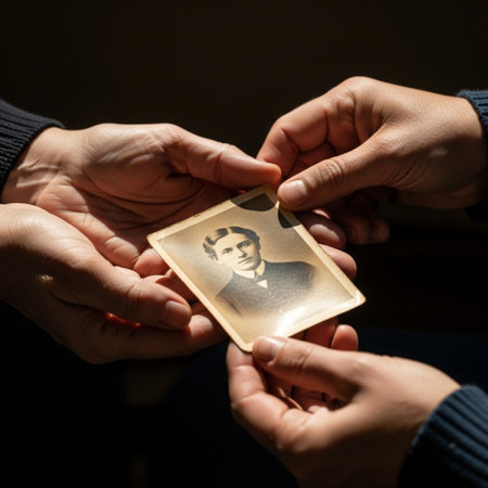 A hero detail shot capturing the delicate interaction of two hands, representing different generatioの素材