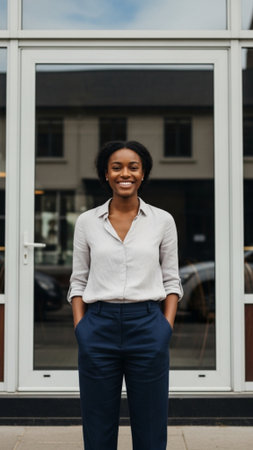 Full body vertical photo (9:16) of a Black female entrepreneur standing proudly centered in front ofの素材