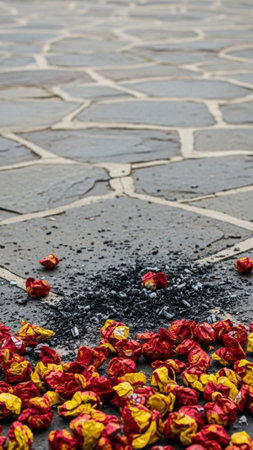 A striking vertical, high-angle shot (9:16 ratio) of used firecracker debris scattered across a ruggの素材