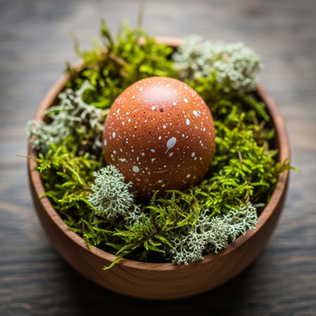 An intimate, editorial close-up shot of a single, speckled Easter egg resting on a vibrant cushion oの素材