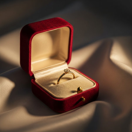 A focused, symmetrical square composition showcasing a deeply saturated, antique crimson velvet ringの素材