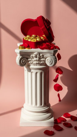 A high-definition vertical editorial image featuring a tall, antique white plaster pedestal topped wの素材