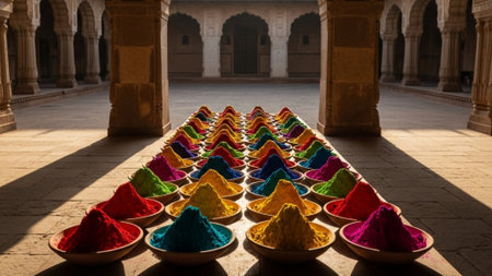 A cinematic wide environmental photograph (16:9) capturing the extensive preparation for a festival.の素材