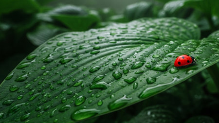 A cinematic wide environmental shot (16:9) capturing a tiny ladybug traversing a massive, wet greenの素材